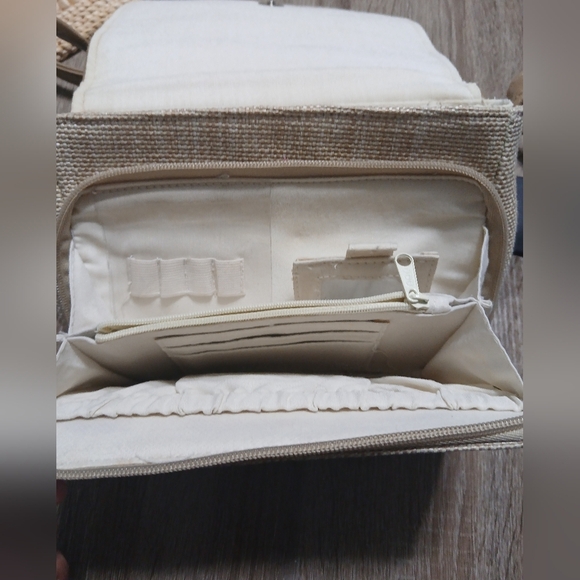 Tan Crossbody Bag with Leather Trim and Flap Closure - Picture 11 of 16